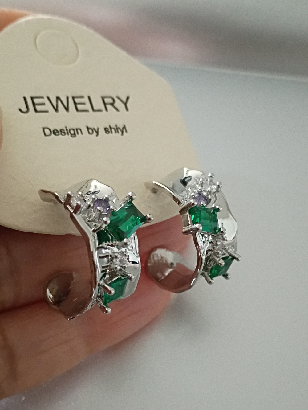 New Silver Tone Hoop Earrings with Green and Clear Stones